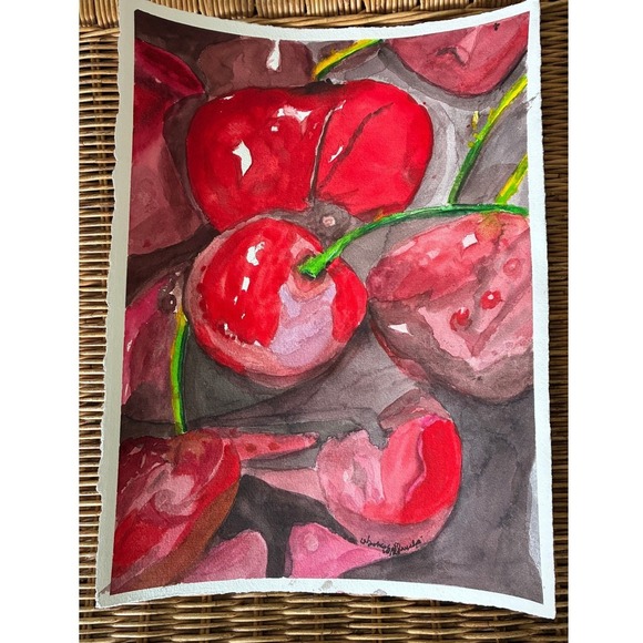 Handmade Other - Warren C. Plauche Signed Original Cherry Watercolor Painting Still Life 11x15